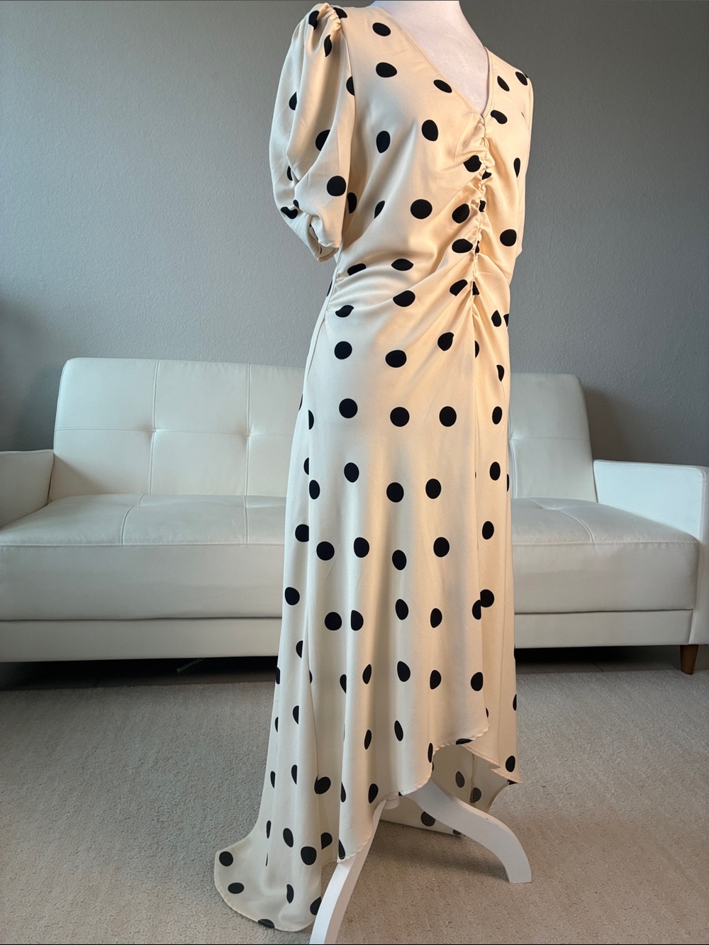 A New Day Black Polka Dot Cream High-Low Dress with Ruched Front
